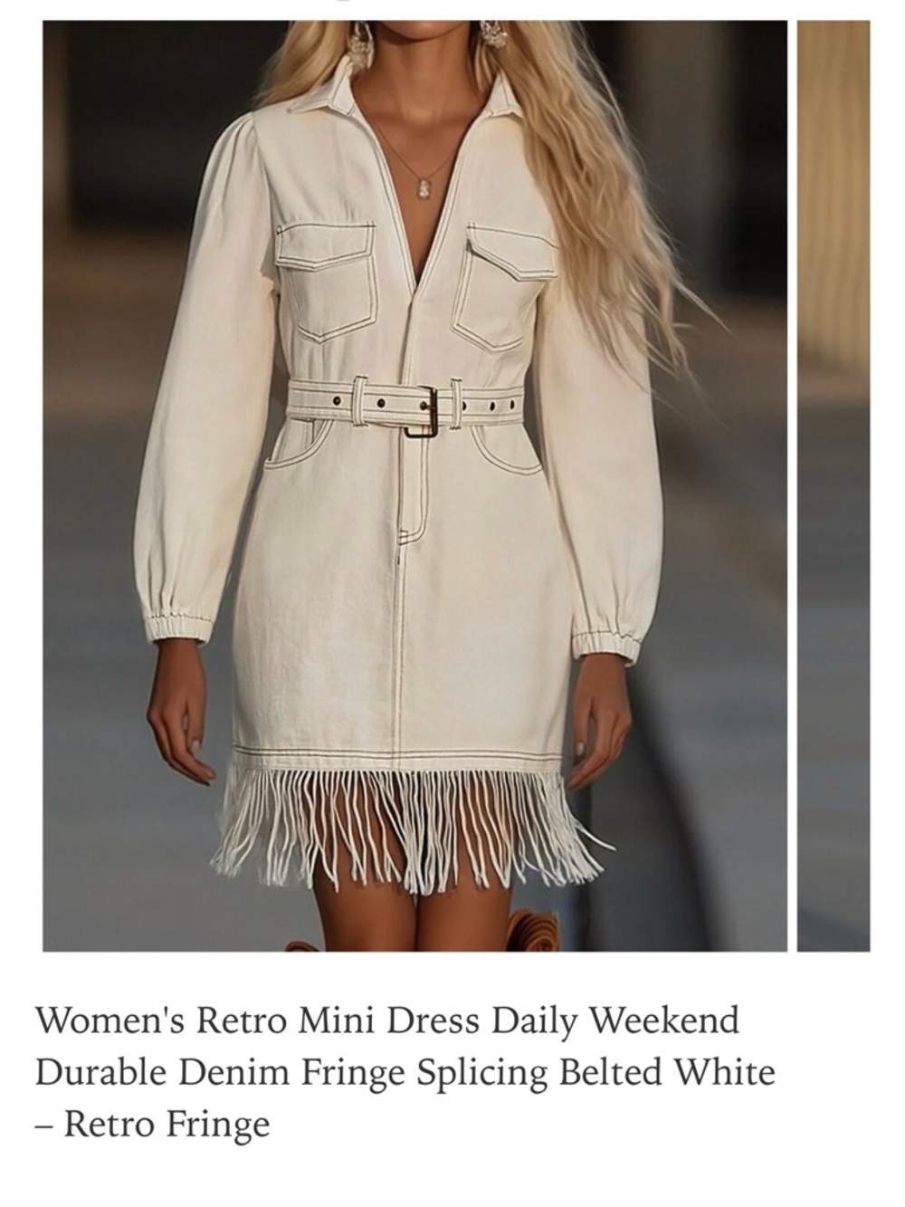 White Fringe Belted Mini Dress with Utility Pockets - Picture 2 of 2